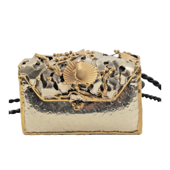 Vtg Handmade Artisan Mixed Metal Sea Life Themed Minaudiere' Evening Bag 1980's - Picture 3 of 16